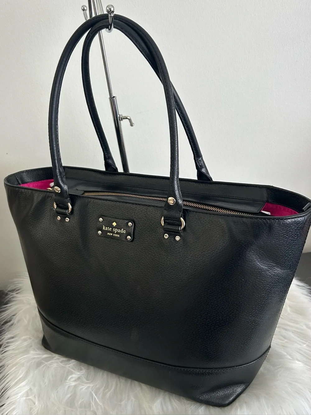 Kate Spade Black Pebbled Leather Zip Top Tote Shoulder Work Laptop Bag